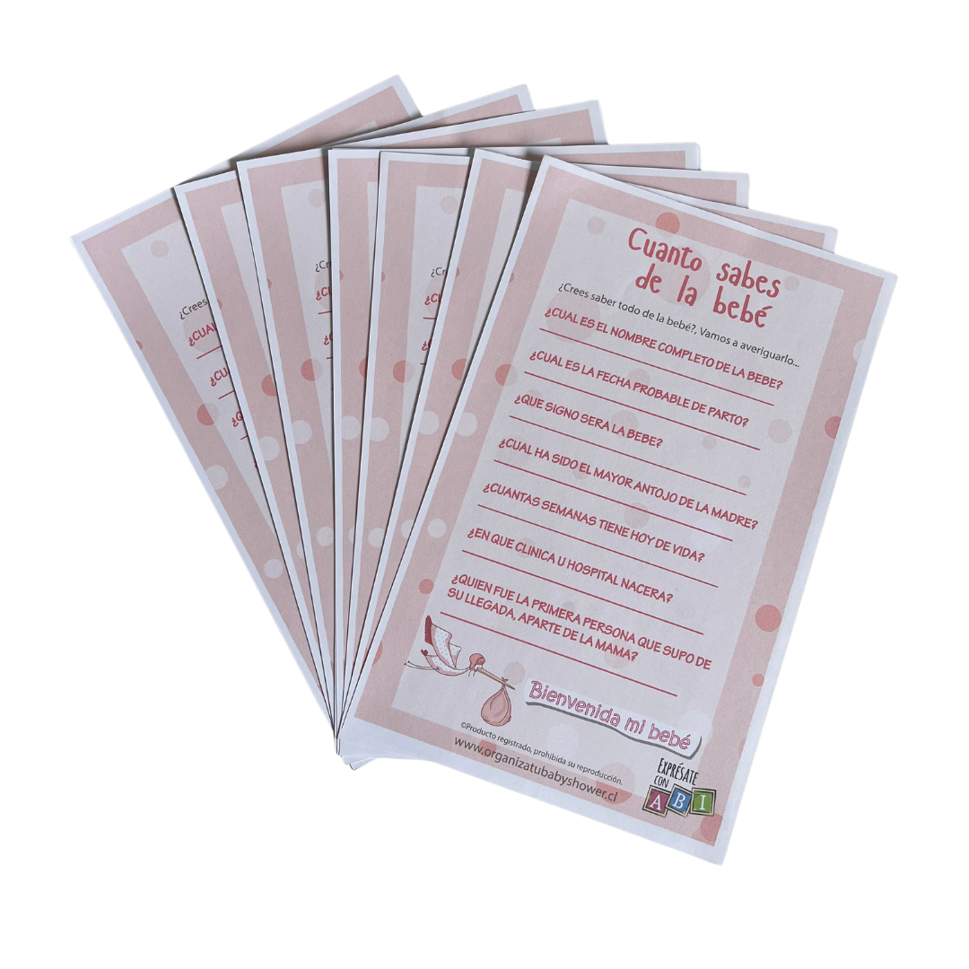 Juego Baby Shower Cuanto sabes del bebé Niña 12 personas