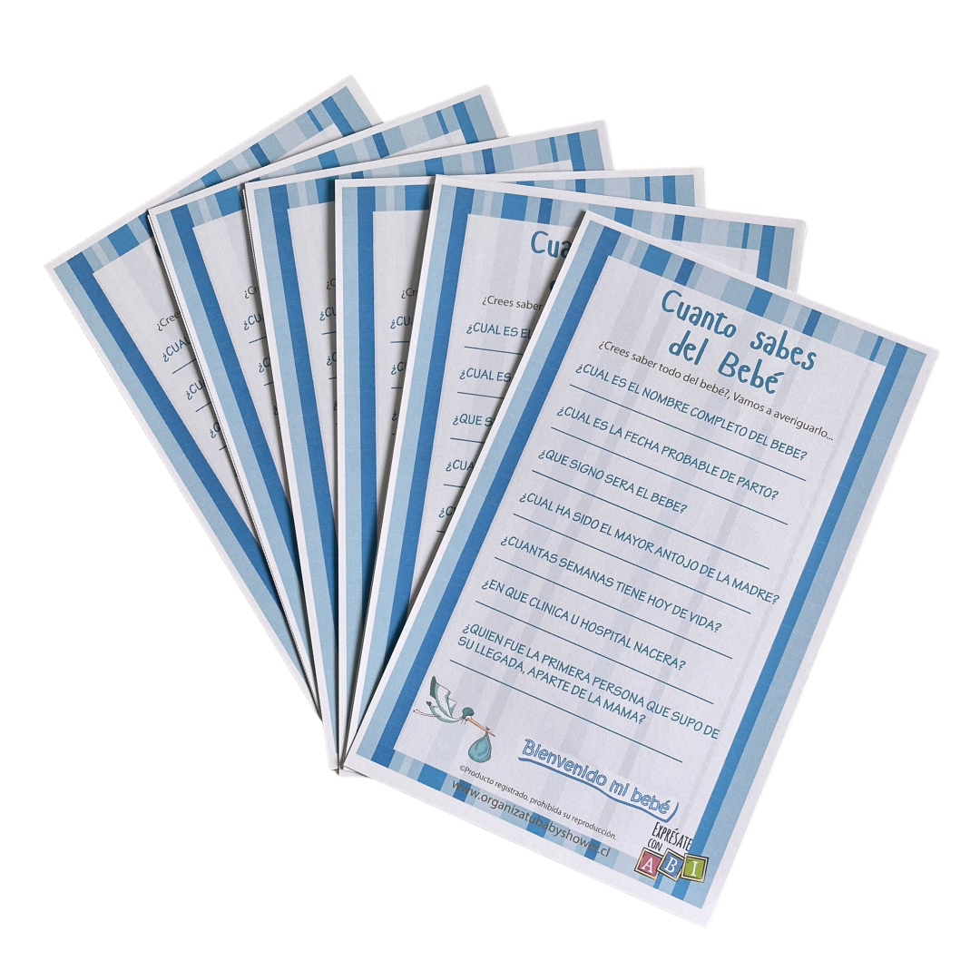 Juego Baby Shower Cuanto Sabes del Bebé Niño 12 personas